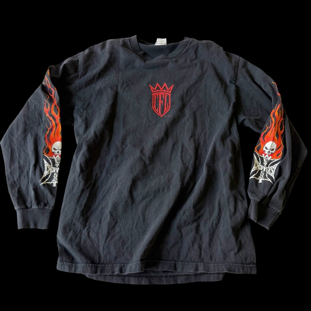 West Coast Choppers Jesse James CFL Long Sleeve Shirt Black Flame Skull Mens L‎